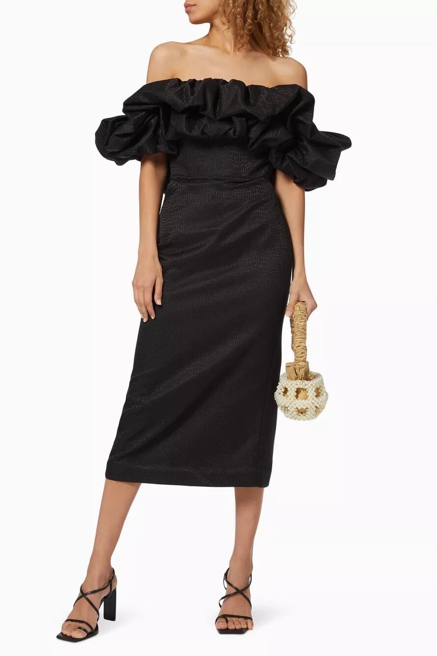 Acler Fields Ruffled Dress Size AU 6 US 2 Elegant Black Off-Shoulder Midi Dress